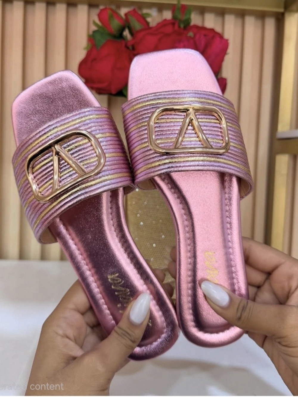 Pink Metallic Slide Sandals Gold Logo Women's Size 5.5